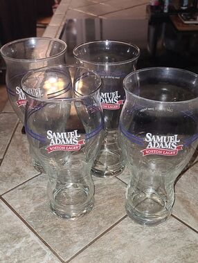 Boston Lager Pint Glasses - Clear Glass with Red & Blue Logo (Set of 4)